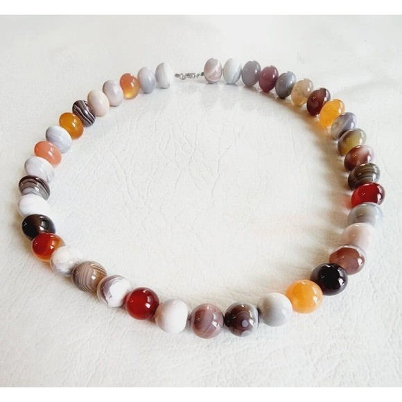 FP Jewelry - Vintage FP Agate 10mm Beaded Sterling Silver Gemstone Statement Necklace